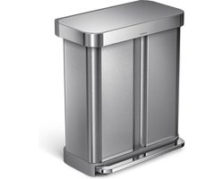 Simplehuman Rectangular - Prullenbak - 58 Liter Inhoud - Met 2 Compartimenten - Zilver
