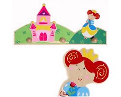 Simply for Kids Houten Kapstok Prinses met 3 Haakjes - 28x12 cm - Roze Kasteel Design voor Kinderkamer