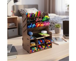 Simux Linea Houten Bureau Organizer 15 Vakken – Pennenhouder – Make-up Organizer – Sieraden Opberger – Multifunctionele Bureaustandaard - Walnoot