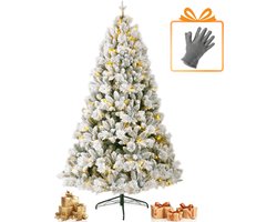 Sinaopus Kunstkerstboom 215cm - Met denneappels&dennennaalde&sneeuw - Scandi Dennenappel - Met LED-verlichting (320LED’s, 8lichtmodi) – 1348takken – PVC&PE –Metalen Standaard –Snel opzetten –Opvouwbare takken –Besneeuwde Kerstboom