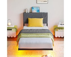 Single Bed Frame met LED Licht - 3ft Zwevende Bedframe met Oplaadstation - Opbergbed - 90x200 Bed - Donkergrijs