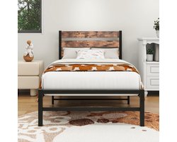 Single bed frame - rustiek houten hoofdbord - robuuste metalen platform bed - solide en stabiel - sterke metalen latten - eenvoudige montage - zwart bruin