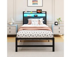 Single Bed Frames met Opberg Hoofdbord - Gestoffeerd Bed Frame - Matras Fundering - Sterke Stalen Lattenondersteuning - Onderbed Opbergruimte - Eenvoudige Montage