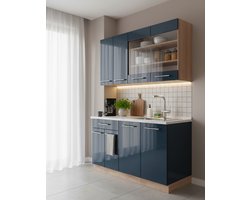 Singlekeuken 140 cm met werkblad en AP marmer – Donkerblauw hoogglans / Goldkraft eiken – Modern design, stofdicht, MDF fronten, 60D x 140B x 81,6H cm – Flexibel uitbreidbaar – Novihome