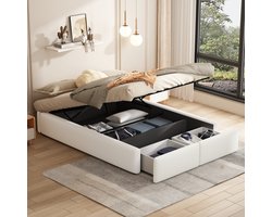 SINGULARITY-140 x 200 cm gestoffeerd bed- platformbed- gestoffeerd bed zonder hoofdbord- met hydraulische opbergruimte en 2 lades- wit- zonder matras