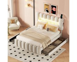SINGULARITY-140 x 200 gestoffeerd bed- gestoffeerd bed met 4 lades- gestoffeerd bed met LED-lichtbalk met USB en stereosysteem- beige- zonder matras