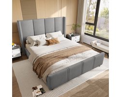 SINGULARITY-160 x 200 cm Stijlvol- modern gestoffeerd bedframe- hoog hoofdeinde en voeteneinde- gecertificeerde USB-poort- ijzeren frame en houtcombinatie- stabiel en duurzaam- grijs- zonder matras