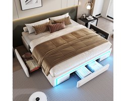 SINGULARITY-Bedframe 180X200 met laden- PU-lederen bed zonder hoofdbord met LED-lichtbalk- metalen lattenbodembed- beige- zonder matras
