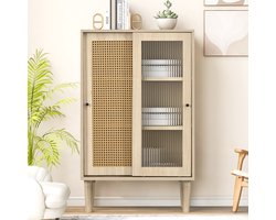 SINGULARITY Dressoir - 100cm hoog - Houten kleur - Met kunststof rotan deuren - Schuifdeuren - 6 vakken achter de deuren.