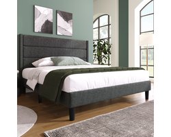 SINGULARITY-Gestoffeerd bed 140 x 200 cm- bedframe & hoofdbord- tweepersoonsbed- textielhoes linnen in donkergrijs- jeugdbed- zonder matras
