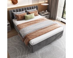 SINGULARITY-Gestoffeerd bed 140 x 200 cm fluweel met lattenbodem- rugleuning- 2 laden- grijs- zonder matras