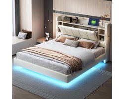 SINGULARITY-Gestoffeerd bed 140 x 200 cm- gestoffeerd zwevend bedframe met LED-verlichting en hoofdborddesign- tweepersoonsbed beige- zonder matras