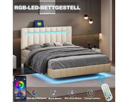 SINGULARITY-Gestoffeerd bed 140 x 200 cm- gestoffeerd zwevend bedframe met LED-verlichting en hoofdborddesign- tweepersoonsbed beige- zonder matras