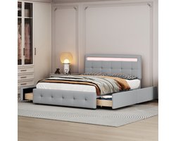 SINGULARITY-Gestoffeerd bed 140 x 200 cm met LED- eenpersoonsbed met hoofdbord & 4 lades- kinderbed- jeugdbed- logeerbed- grijs (zonder matras)