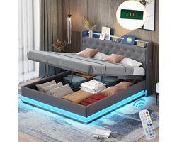 SINGULARITY-Gestoffeerd bed 140x200 cm met USB-aansluiting en LED-verlichting- omkeerbaar hoofdeinde- verborgen voeteneinde- tweepersoonsbed- grijs- zonder matras
