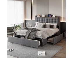 SINGULARITY-Gestoffeerd bed 140x200 cm- nachtkastje met USB-oplaadpoort en opbergruimte- tweepersoonsbed met 4 lades- linnen stof grijs- zonder matras
