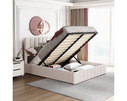 SINGULARITY-Gestoffeerd bed 140x200- tweepersoonsbed- in hoogte verstelbaar gestoffeerd hoofdeinde- metalen lattenbodem- crèmewit- zonder matras