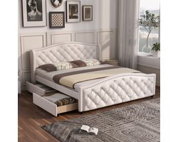 SINGULARITY-Gestoffeerd bed 160 x 200 cm - Bed met lattenbodem- 2 lades en hoofdbord met klinknagels - Hout & kunstleer - Wit- Zonder matras