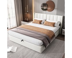 SINGULARITY-Gestoffeerd bed 160 x 200 cm- hydraulisch bed- met ledverlichting- met opbergruimte- verstelbaar hoofdeinde- PU kiezel- wit- zonder matras