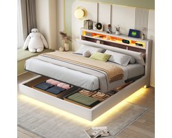 SINGULARITY-Gestoffeerd bed 160x200 cm- hydraulisch zwevend bedframe met opbergruimte- omkeerbaar hoofdeinde- linnen beige- zonder matras