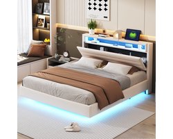 SINGULARITY-Gestoffeerd bed 160x200 cm met USB-aansluiting en LED-verlichting- omkeerbaar hoofdeinde- verborgen voeteneinde- tweepersoonsbed- beige- zonder matras