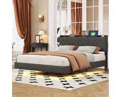 SINGULARITY-Gestoffeerd bed 160x200 cm- tweepersoonsbed in huidvriendelijke linnen stof met lattenbodem grijs- zonder matras