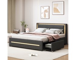 SINGULARITY-Gestoffeerd bed 160x200 met ledverlichting- met vier opbergvakken- linnen stof- tweepersoonsbed met lattenbodem- grijs- zonder matras