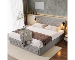 SINGULARITY-Gestoffeerd bed 180 x 200 cm- hydraulisch bed met twee nachtkastjes- lattenbodem van hout- linnen- grijs + zwart- zonder matras