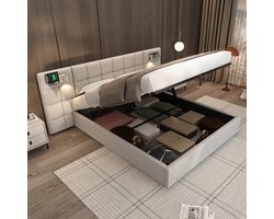 SINGULARITY-Gestoffeerd bed 180 x 200 cm- hydraulisch bed- met USB-poort & draadloos opladen & verlichte lamp- met opbergruimte- linnen- grijs- zonder matras