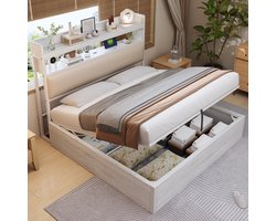 SINGULARITY-Gestoffeerd bed 180 x 200 met hydraulische hefinrichting- USB- gestoffeerd hoofdeinde- vintage design in hout en metaal- wit- zonder matras