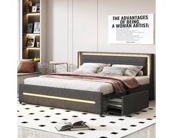 SINGULARITY-Gestoffeerd bed 180x200 met ledverlichting- met vier opbergvakken- linnen stof- tweepersoonsbed met lattenbodem- grijs- zonder matras