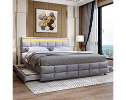 SINGULARITY-Gestoffeerd bed 180x200cm- LED-verlichting- lattenbodem- hydraulisch eenpersoonsbed- stof Dutch velvet- grijs- zonder matras