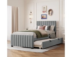 SINGULARITY-Gestoffeerd bed 90 x 190 cm met uitschuifbaar bed- vlak eenpersoonsbed in huidvriendelijke fluwelen stof- kinderbed- jeugdbed- logeerbed (grijs)- zonder matras