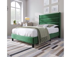 SINGULARITY-Gestoffeerd bed 90 x 200 cm- bedframe & hoofdbord- tweepersoonsbed- textielbekleding fluweel in donkergroen- tijdloos modern design- jeugdbed- zonder matras