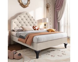 SINGULARITY-Gestoffeerd bed 90 x 200 cm met lattenbodem en hoofdbord- gestoffeerd bed met in hoogte verstelbaar hoofdbord- jeugdbed- eenpersoonsbed- fluweel- beige- zonder matras