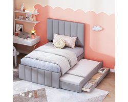 SINGULARITY-Gestoffeerd bed 90 x 200 cm met uitschuifbed en opberglades- vlak eenpersoonsbed- kinderbed- jeugdbed- logeerbed (grijs)- zonder matras