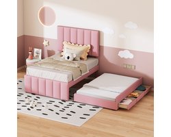 SINGULARITY-Gestoffeerd bed 90 x 200 cm met uitschuifbed en opberglades- vlak eenpersoonsbed- kinderbed- jeugdbed- logeerbed (roze)- zonder matras