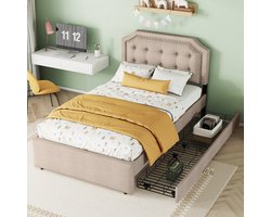 SINGULARITY-Gestoffeerd bed 90 x 200 cm vlak bed- nachtkastje bekleed met decoratieve klinknagels- dubbele lades- donkerbeige- zonder matras