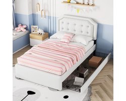 SINGULARITY-Gestoffeerd bed 90 x 200 cm vlak bed- nachtkastje bekleed met decoratieve klinknagels- dubbele lades- lichtbeige- zonder matras