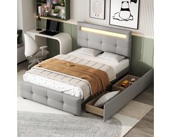 SINGULARITY-Gestoffeerd bed 90x200cm met LED-verlichting- 2 lades- eenpersoonsbed- kinderbed- jeugdbed- logeerbed (grijs)- zonder matras
