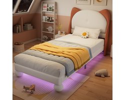 SINGULARITY-Gestoffeerd bed- eenpersoonsbed- kinderbed- kattenoor hoofdbord- LED-lichtstrip- stevige lattenbodem- PU- ​​beige + geelbruin- 90x200cm- zonder matras