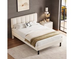 SINGULARITY-Gestoffeerd bed- ijzeren poten- lattenbodem- eenvoudig ontwerp- 140 x 190- matras niet inbegrepen- Sherpa-stof- beige- Zonder matras