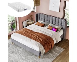 SINGULARITY-Gestoffeerd bed LED tweepersoonsbed met USB Type C en LED- opbergbedden bedframe van linnen materiaal jeugdbed 140x200- zonder matras