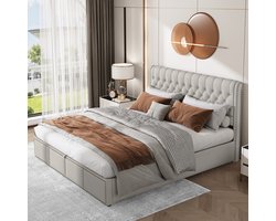 SINGULARITY-Gestoffeerd bed met hydraulische hendel- opbergruimte voor bedstedes- klinknageldecoratie- 160 x 200 cm- zonder matras- lichtgrijs