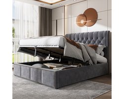 SINGULARITY-Gestoffeerd bed met hydraulische hendel- opbergruimte voor bedstedes- klinknageldecoratie- 180 x 200 cm- zonder matras- lichtgrijs
