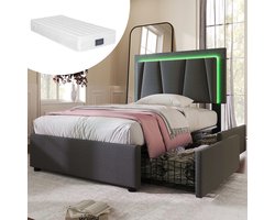 SINGULARITY-Gestoffeerd bed met LED en 2 lades- in hoogte verstelbaar hoofdeinde- eenpersoonsbed 90x200cm opbergbedden bedframe- Garu met matras