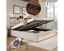 SINGULARITY-Gestoffeerd bed met USB 140x200cm- LED tweepersoonsbed van metalen frame- bedframe van linnen materiaal jeugdbed zonder matras