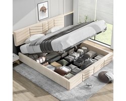 SINGULARITY-Gestoffeerd bed- tweepersoonsbed- hydraulisch functioneel bed- fluweel- gestreepte stijl- continentaal bed- in hoogte verstelbaar hoofdeinde- 160 x 200- beige- zonder matras