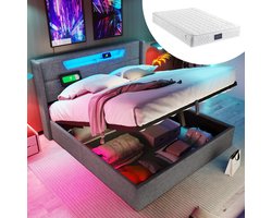 SINGULARITY-Gestoffeerd bed tweepersoonsbed leeslampje met hoofdbord opbergruimte bedframe fluweel jeugdbed 140x200 met lattenbodem- grijs zonder matras