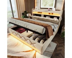 SINGULARITY-Gestoffeerd tweepersoonsbed 160 x 200- opberghoofdeinde met USB- en Type C-aansluiting- beige- zonder matras